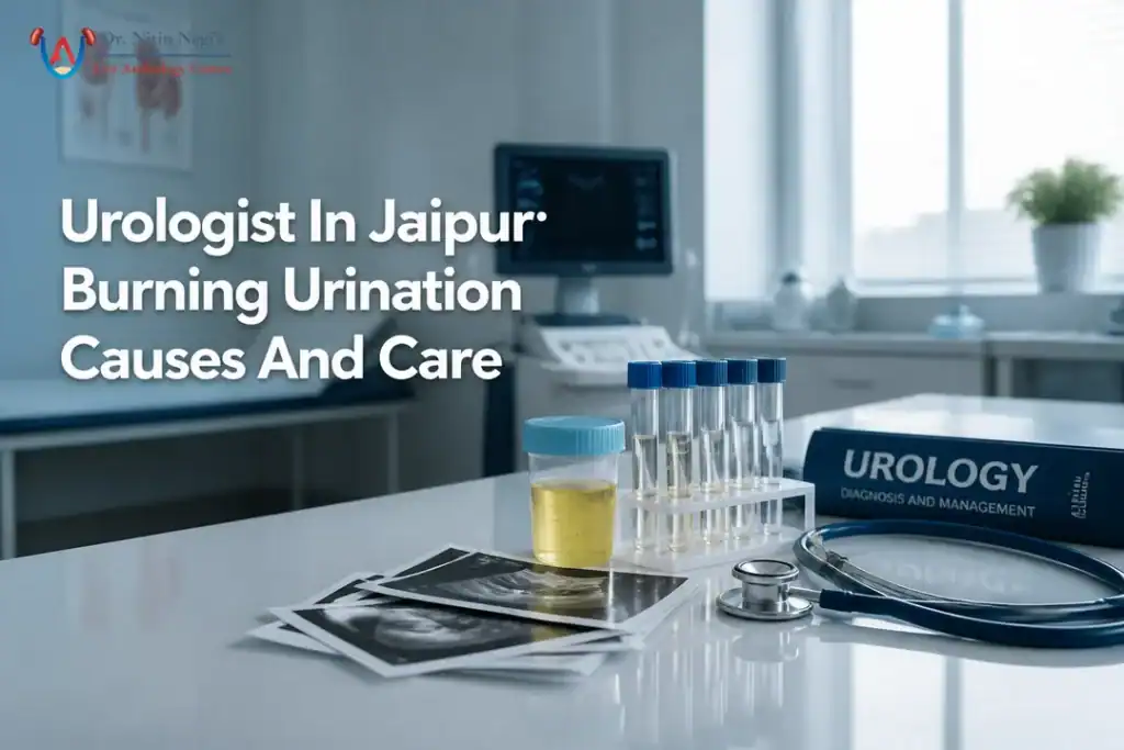 Urology desk setup with urine testing items representing urologist in Jaipur care for burning urination.