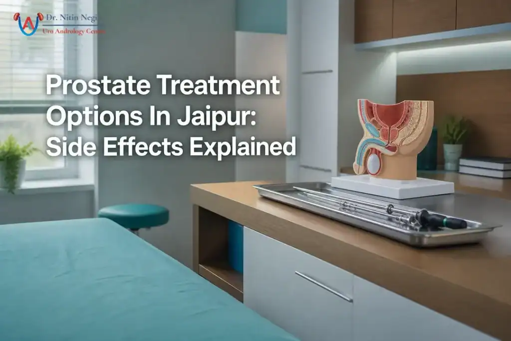 Prostate model and endoscopic tools representing urologist consultation for prostate treatment options in Jaipur.
