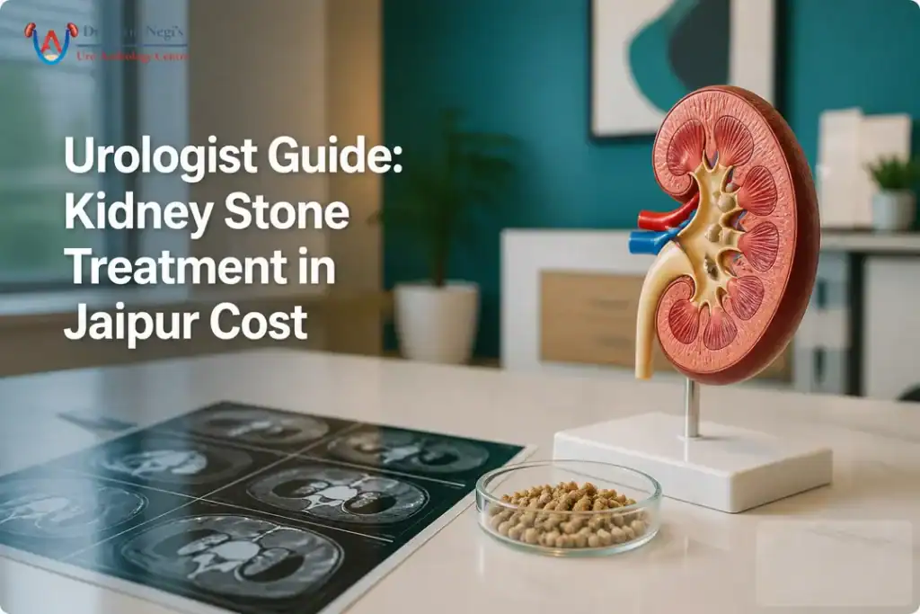 Kidney stone consultation desk with kidney model illustrating urologist care and treatment planning in Jaipur.